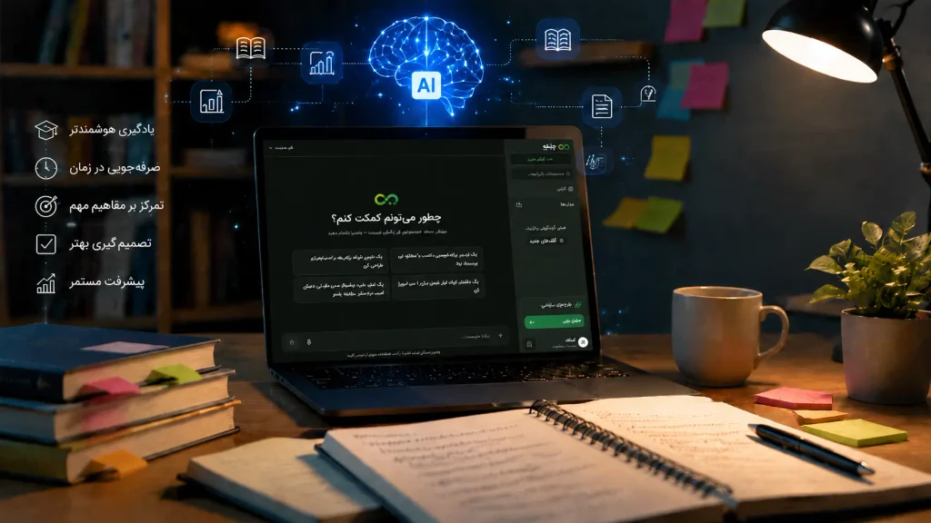 کاربرد هوش مصنوعی برای دانشجویان با نمایش چتینو روی لپتاپ و فضای مطالعه دیجیتال